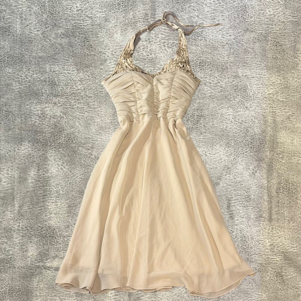 Champagne Y2k Embroidered Ruched Halter Dress